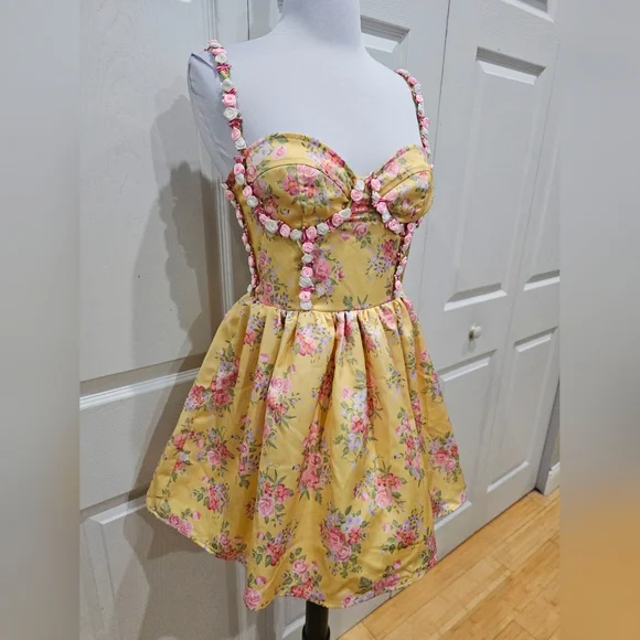 Dolls Kill Sugar Thrillz Yellow Floral Princess Party Mini Dress S - Picture 11 of 14